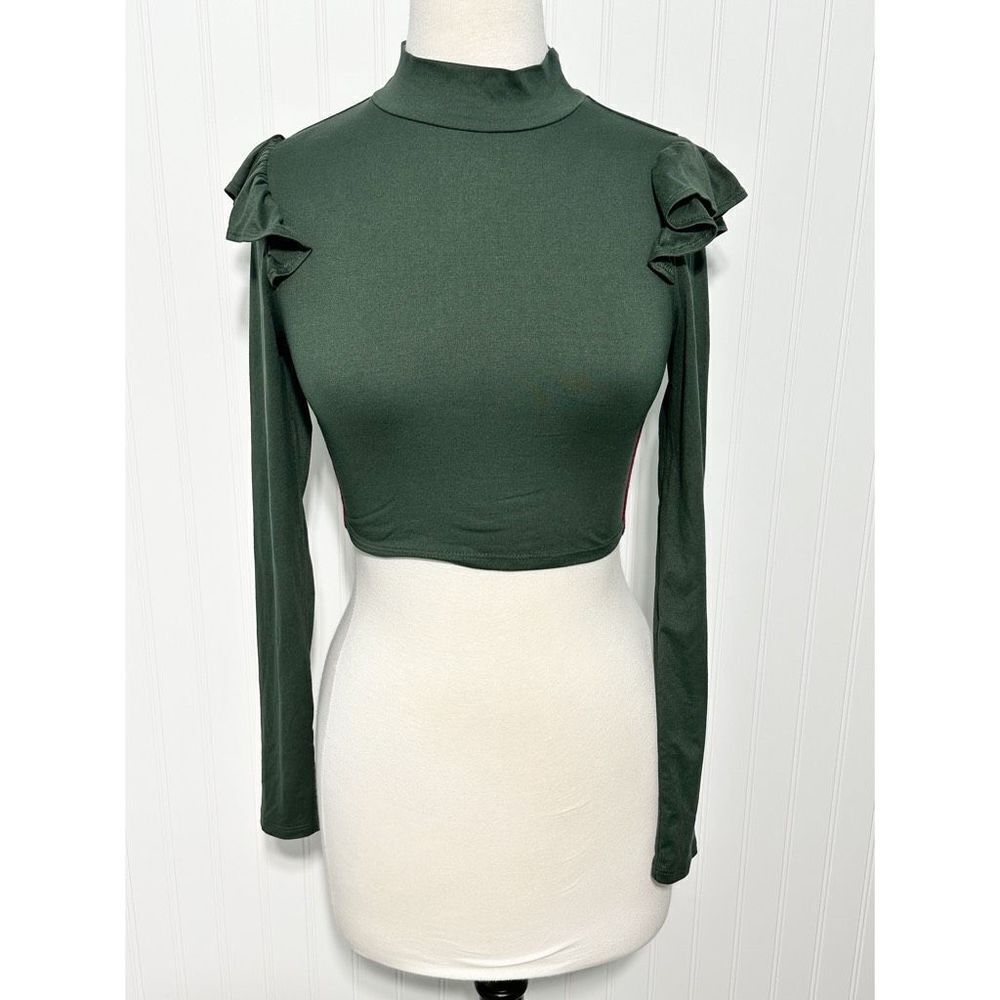 Women's Mock Neck Long Sleeve Ruffles Shoulder Crop Top Olive Green‎ Size Small